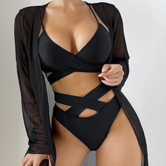 European and American sexy cardigan and kimono blouse bikini three-piece swimsuit gathered high waist hot spring swimsuit