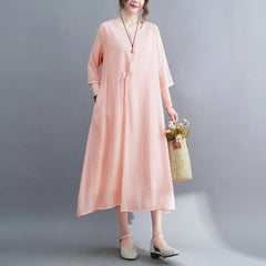 Women's literary retro elegant cotton linen cool round neck three-quarter sleeve Zen robe dress female