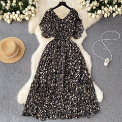 Summer gentle wind chiffon print dress sweet V-neck high waist slim floral dress A-word dress