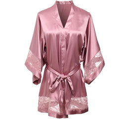 Women Robe Sleepwear Solid V-neck Wide Sleeve Above Knee Sleepdress Cuffs and Hem Decorate with Fine Lace Lingerie Women