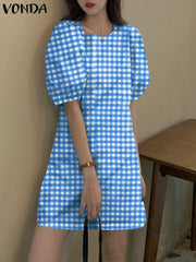 VONDA Elegant Dresses For Women 2022 Lattice Round Neck Short Puff Sleeve A-Line Vestidos Bohemian Party Casual Summer Plus Size Short Dresses