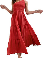 Women's Solid Printed Boho One Shoulder Sleeveless Dress