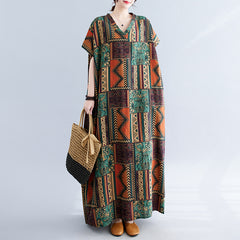 المرأة حجم كبير المرأة الصيف الجديدة القطن والكتان الرجعية الخامس الرقبة القطن والكتان رداء طويل مريح لتغطية اللحوم فستان تنورة طويلة