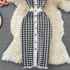 2023 Summer Temperament Elegant V-neck Chic Single Breasted Houndstooth Knit Package Hip Dress Short Sleeves