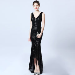 Ladies Fashion Sexy Slim Sequined Deep V Banquet Long Evening Dress