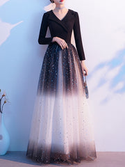 Ladies V-neck Long Sleeve Gradient Color Fashion Party Dress Banquet Evening Dress Birthday Party Dress