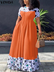VONDA Elegant Dresses For Women 2022 Spliced Random Printed O Neck Short Puff Sleeve A-Line Vestidos Bohemian Party Casual Plus Size Long Dresses