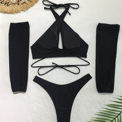 Sea Voice Swimwear Cross-border European Sexy Bikini Split Four-piece Swimsuit Women's New Bikini with Sunscreen Sleeves
