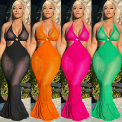 X5719 الأزياء الأوروبية والأمريكية بلون الحمالات مثير ملفوفة الصدر مطوي تنحنح الأسماك تنورة طويلة اللباس