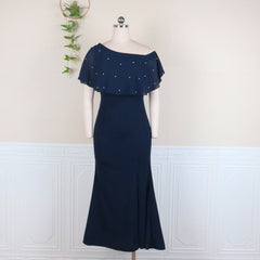 Women Long Dress Off Shoulder Bead Bodycon Ruffles Navy Blue Slit Plus Size 4XL 5XL Evening Birthday Party Occasion Event Summer