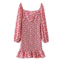 Elegant Floral Printed Mini Dresses Women Autumn Puff Long Sleeve Dress Female Chic Bodycon Dresses Vestidos