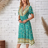 فستان صيفي نسائي بوهو مطبوع عليه زهور على شكل حرف A أنيق بياقة على شكل V وأكمام قصيرة على شكل فراشة فستان شاطئ كاجوال للسيدات