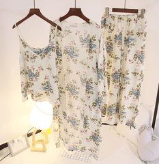 بيجامة يابانية طازجة وحلوة على شكل نبات الأزهار، ثوب نوم بحمالات مطبوع من ثلاث قطع، خدمة منزلية