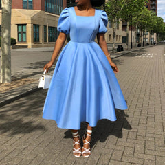 Short Sleeve Pleated Solid Color Large Skirt Evening Dress Dress
