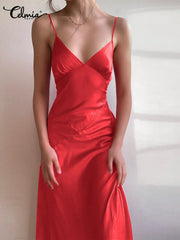 Celmia فساتين أنيقة للنساء 2022 تنورة حمالة بدون أكمام سادة ورقبة على شكل حرف V فساتين حفلات بوهيمية صيفية غير رسمية مقاس كبير فستان نوم طويل