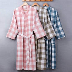 Summer Autumn New 100% Cotton Robes Double deck Gauze Plaid Kimono Nightgown Big Size Home Bathrobe Dressing Gown Robes