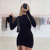 Julissa Mo Long Sleeve Ruched Bodycon Dress Women Turtleneck Bandage Mini Dresses Autumn Black Skinny Stretchy Party Vestidos