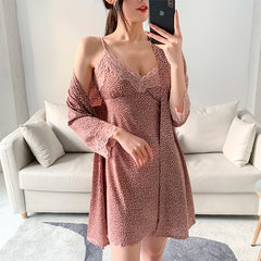 Satin Lace Pajamas Sets Womens Sleepwear 2-piece set fashion Leopard print Nightwear V-Neck Sling nightdress and Bathrobe set female Pajama set