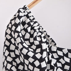 Elegant A Line Geometric Print Midi Dress Women Puff Short Sleeve Vintage Dress Chic Split Dresses Summer Vestidos