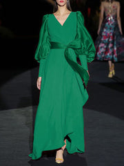 VONDA Elegant Satin Maxi Dress Women Long Lantern Sleeve Patchwork Sundress 2023 Summer Sexy V-Neck Evening Party Vestido Belted