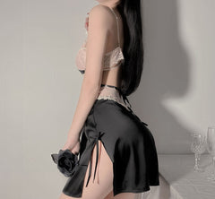 QWEEK Sexy Exotic Night Dress Women Silk Sleepwear Lace Patchwork Nightgown Summer 2021 Nightwear Dressing Gown Ladies