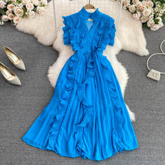 Summer luxury light luxury V-neck ruffled pleated dress elegant