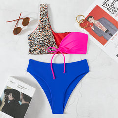 New sexy one-shoulder leopard print stitching lace high waist beach bikini