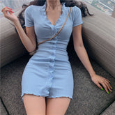Women Korean Styles Short Sleeve Button Down Solid Color V-neck Party Mini Dress Feminina Bodycon Dress Robe Femme