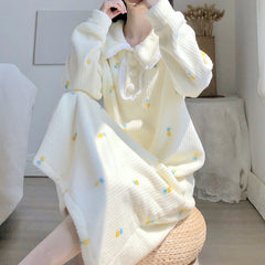 New winter pineapple pattern plush long nightdress cute home wear