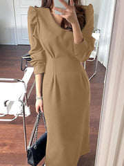 VONDA Elegant Party Sundress Summer Women Long Puff Sleeve Solid Color Midi Dress Casual Loose Pleated V Neck Sexy Vestidos