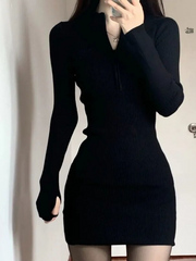 Black Women's Sweater Knit Dress Sexy Korean Fashion Short Wrap Knit Dress for Women Bodycon Mini Fall 2022 New