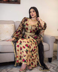 ملابس نسائية شرق أوسطية عبر الحدود إسلامية رمضانية جديدة مطرزة بالدانتيل الذهبي وطباعة جلابية فستان قفطان