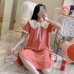 Palace Sleepdress Short Sleeve Lady Korean version fashion doll collar midlength skirt pajamas generous style nightdress summer
