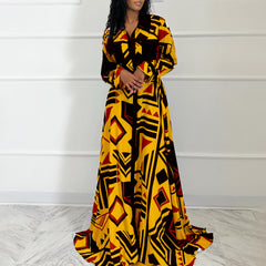 Foreign trade women's clothing 2023 autumn and winter new fashion print long-sleeved lace-up long skirt plus size European and American dresses.