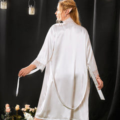 Summer thin home nightgown Fashion cardigan belted long-sleeved bathrobe Women's solid color silk dressing gown