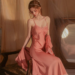 Women's Sexy Nightgown Deep V Long Halter Nightdress Strappy Robe Sleepwear Femme Satin Thin Pajama Dress Lounge Set Bathrobe