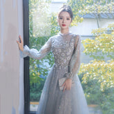 عرض ساخن فستان سهرة جديد باللون الرمادي والأزرق للنساء 2022 فستان جديد للولائم ومزاجية للفحص الفني بأكمام طويلة وحفلات أعياد الميلاد والاجتماع السنوي c