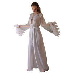 silk stitching net yarn feather cuffs lace long nightgown home service 1000
