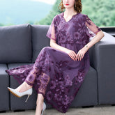 2023 Purple Embroidered Flower Net V Neck Sexy Midi Dress Summer Bohemian Fashion Lightweight Beach Dress Women Korean Elegant Loose Dress