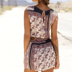 فساتين الشاطئ الصيفية النسائية الكاجوال بوهو A Line فستان قصير بدون أكمام مطبوع أنيق بخصر مطاطي فستان قصير نحيف فضفاض
