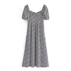 Elegant A Line Geometric Print Midi Dress Women Puff Short Sleeve Vintage Dress Chic Split Dresses Summer Vestidos