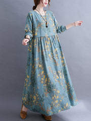 Ladies, Japan and South Korea, autumn new style art and leisure plus size women's fat MM plus fertilizer to increase printing cotton and linen long-sleeved temperament dress