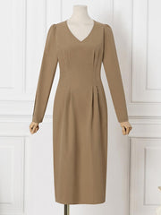 VONDA Elegant Party Sundress Summer Women Long Puff Sleeve Solid Color Midi Dress Casual Loose Pleated V Neck Sexy Vestidos