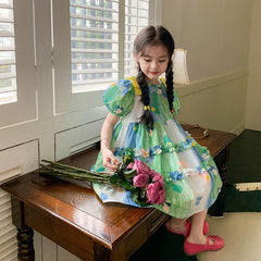 فستان بناتي جديد بنمط الرسم الزيتي الرعوي فستان صيفي جديد للفتيات متدرج اللون تنورة قصيرة الأكمام للأطفال