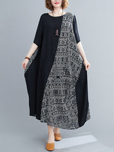 Geometric print stitching holiday style beach a-line mid-length skirt fat mm short-sleeved thin plus size literary retro print Korean dress