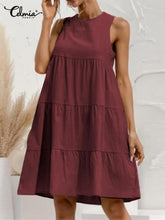 Celmia Elegant Dresses For Women 2022 Solid O Neck Sleeveless Slip Dress Pleated A-Line Vestidos Bohemian Party Casual Summer Plus Size Short Dresses