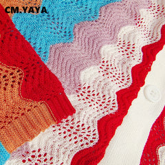 CM.YAYA Women Fashion Knit Crochet Rainbow Striped Bodycon Midi Dress 2023 Summer Vestidos Beach Holiday Short Sleeve Dresses