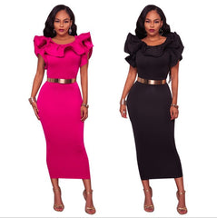 Long skirt dress with ruffled sleeves and pile neck slit