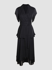 Black Elegant Satin V-Neck Fringed Hem Dress