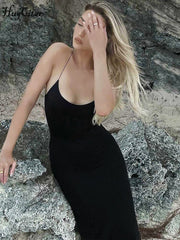 Hugcitar الصلبة أكمام زلة عارية الذراعين الشق مثير Bodycon ميدي فستان حفلة موسيقية الصيف النساء أزياء أنيقة الزي حفل زفاف Y2K